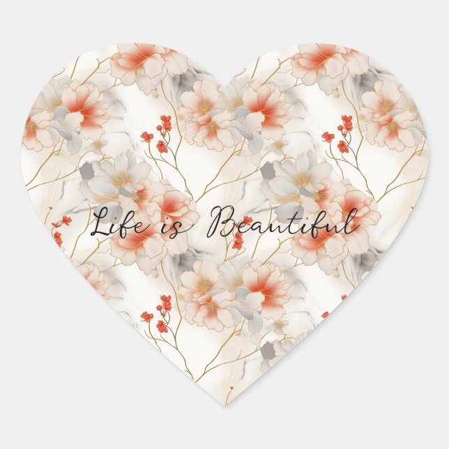 Sticker Cœur Belle Pêche Feminine Rouge Blanc Floral (Devant)