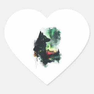 Sticker Cœur Bergers Allemands Sous Lumière Du Nord