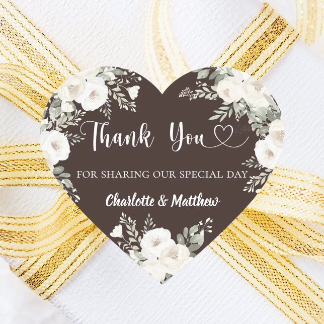 Sticker Cœur Bister brown white florals coeur merci mariage (Créateur téléchargé)