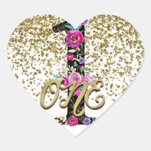 Sticker Cœur Black Floral Gold Parties scintillant ONE 1 1er an