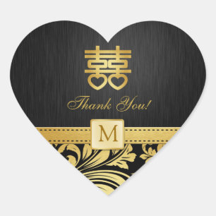Sticker Cœur Black & Gold Damask Chinois Double Bonheur Coeur