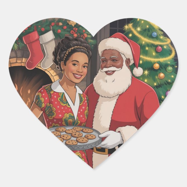 Sticker Cœur Black Santa & Mrs. Claus Christmas Card  (Devant)