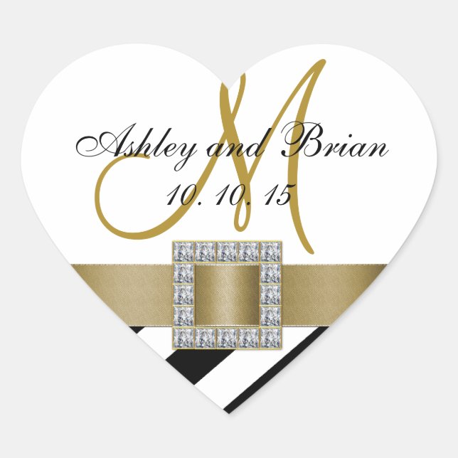Sticker Cœur Black Stripes Gold Ribbon Premier mariage Faveur (Devant)
