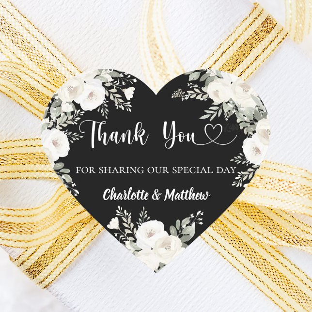 Sticker Cœur Black white florals merci mariage (Créateur téléchargé)
