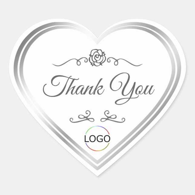 Sticker Cœur Blanc chic avec cadre argent et Merci logo (Devant)