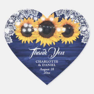 Sticker Cœur Bleu marine Bois Dentelle Tournesol Mariage Remerc