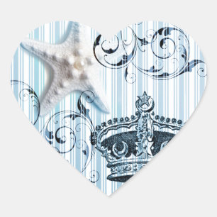 Sticker Cœur bleu marine rayures étoile de mer coquille marine
