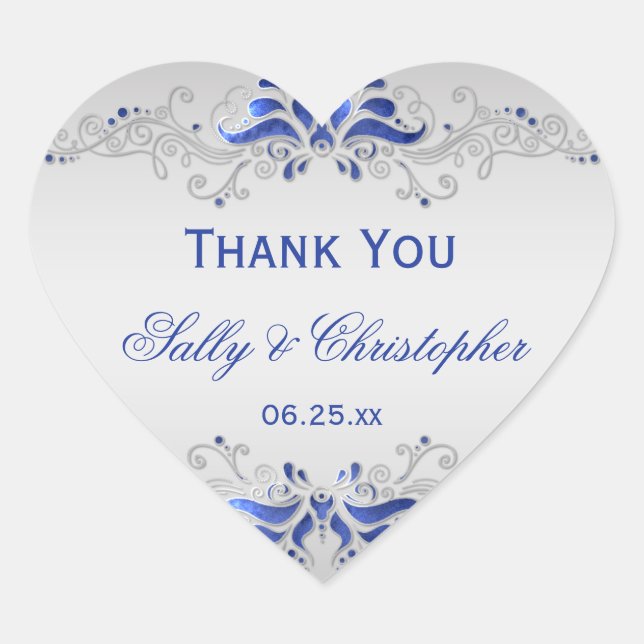 Sticker Cœur Bleu orné et des perles d'argent Coeur Mariage Fav (Devant)