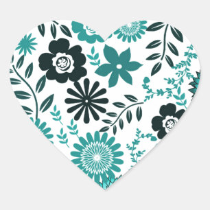 Sticker Cœur Bleu turquoise et vert olive foncé motif floral