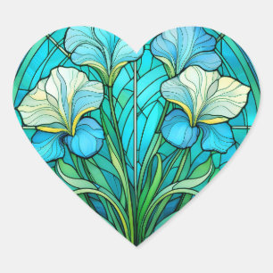 Sticker Cœur Bleu Turquoise Floral Art Nouveau Vitrail