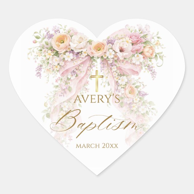 Sticker Cœur Bloom Floral Bow Girl Baptism (Devant)