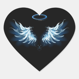 Sticker Cœur Blue Glowing Angel Wings on black background