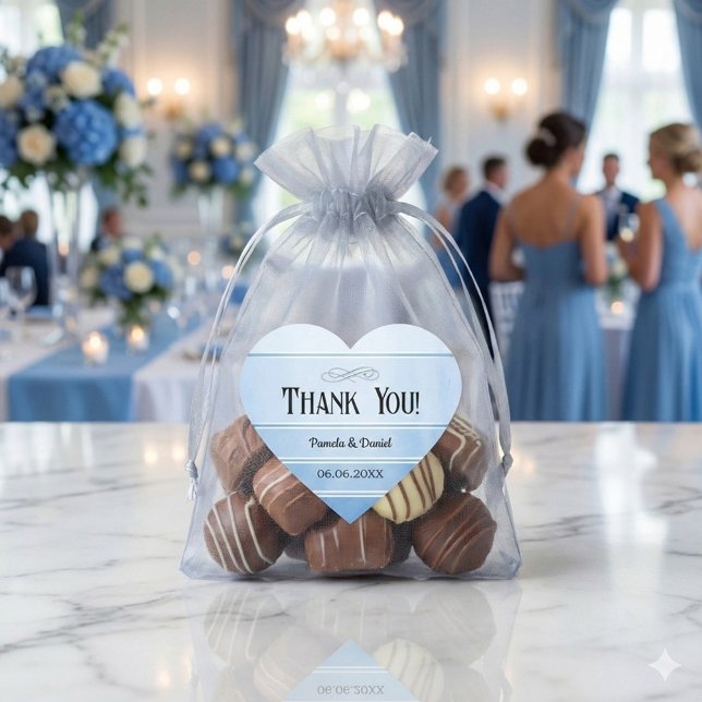 Sticker Cœur Blue Tone on Tone Striped Wedding Thank You (Thank you or favor sticker featuring a blue tone on tone striped design with a silver lining)