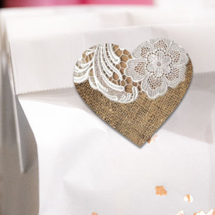 Sticker Cœur bohème rustique pays occidental burlap et dentelle