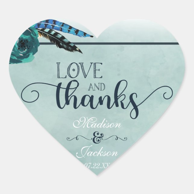 Sticker Cœur Boho Navy Blue & Aqua Mariage Love & Thanks Favori (Devant)