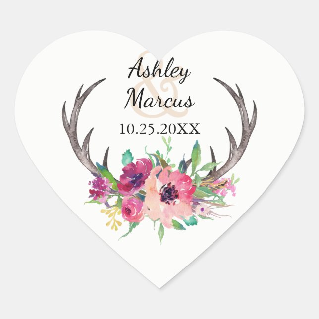 Sticker Cœur Boho Rustique Floral Antlers Mariage (Devant)
