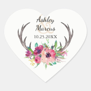 Sticker Cœur Boho Rustique Floral Antlers Mariage