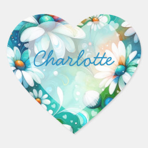 Sticker Cœur Boho Whimsical Fleur Daisy avec Coeurs