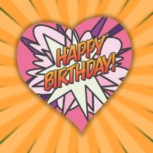 Sticker Cœur BONJOUR D'ANNIVERSAIRE Fun Retro Comic Book Pink