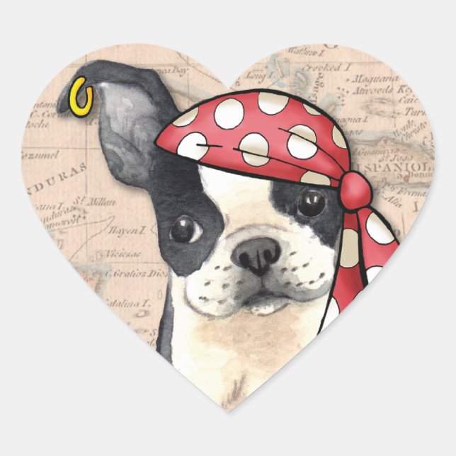 Sticker Cœur Boston Terrier Pirate (Devant)