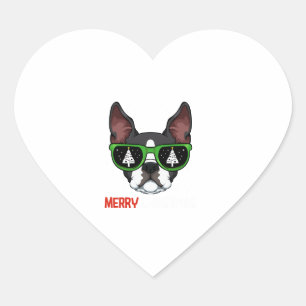 Sticker Cœur Boston Terrier Pyjama de Noël Chien Lunettes de so