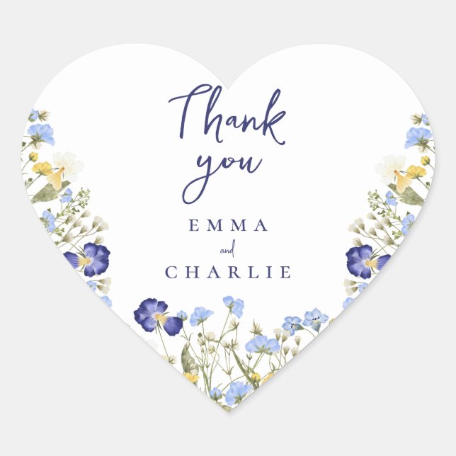 Sticker Cœur Botanique bleu Boho Fleur sauvage Rustique mariage (Devant)