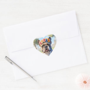 Sticker Cœur Bouledogue Français couronne de fleurs fête des mè