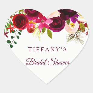 Sticker Cœur Bourgogne Rouge Floral Boho Favoriser Fête des mar