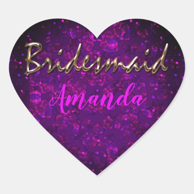 Sticker Cœur Bridesmaid, confetti violet, or (Devant)