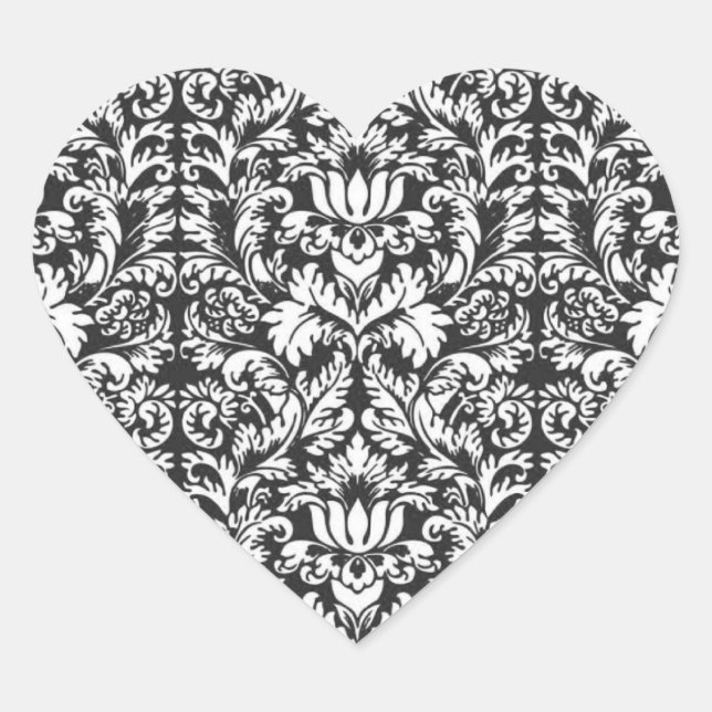 Sticker Cœur Brocard de dentelle en damas noir et blanc vintage (Devant)