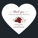 Sticker Cœur Burgundy Blush Roses Elegant Wedding Thank You<br><div class="desc">These beautiful heart shaped thank you stickers are perfect as wedding favor tags or envelope seals. They feature a beautiful rustic boho chic design with your names and the wedding date with a lovely cluster of hand painted watercolor roses and foliage in shades of burgundy,  red,  and blush pink.</div>