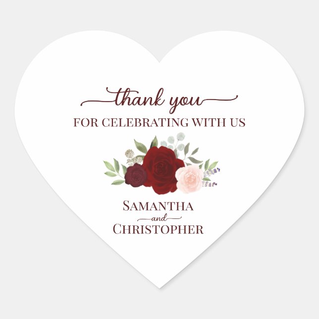 Sticker Cœur Burgundy Blush Roses Elegant Wedding Thank You (Devant)