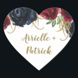 Sticker Cœur Burgundy et Navy Blue Gold Wedding Favoriser les S<br><div class="desc">Stickers Burgundy et Marine Blue Gold Wedding Favor - présentent d'élégants roses d'aquarelle et des pivoines dans différentes nuances de Marsala,  bordeaux,  merlot et bleu marine avec élégante verdure. Des touches d'or parsèment les fleurs et la verdure.</div>