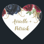 Sticker Cœur Burgundy et Navy Blue Gold Wedding Favoriser les S<br><div class="desc">Stickers Burgundy et Marine Blue Gold Wedding Favor - présentent d'élégants roses d'aquarelle et des pivoines dans différentes nuances de Marsala,  bordeaux,  merlot et bleu marine avec élégante verdure. Des touches d'or parsèment les fleurs et la verdure.</div>