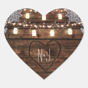 Sticker Cœur Cadeau de Mariage en Bois de Grange Rustique et Po