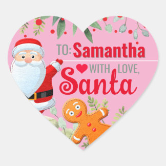 Sticker Cœur Cadeau de Noël rose personnalisé en pain d'épice d