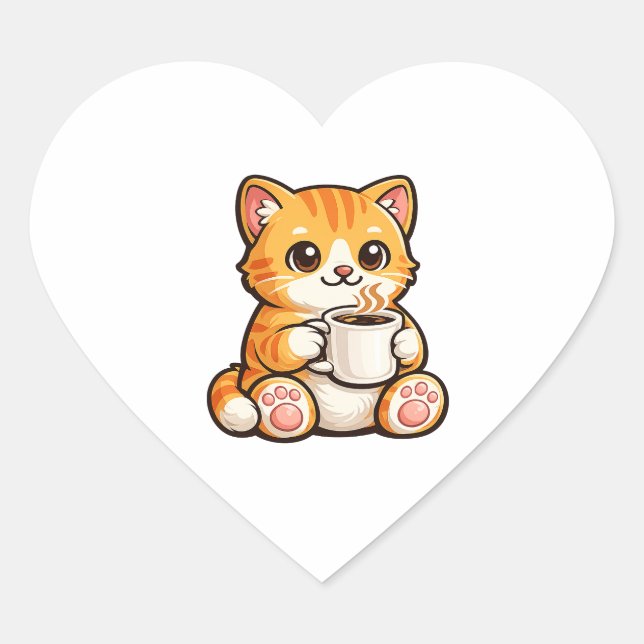 Sticker Cœur Café Chat Mignon – Chat Orange Cosy Buvant du Café (Devant)