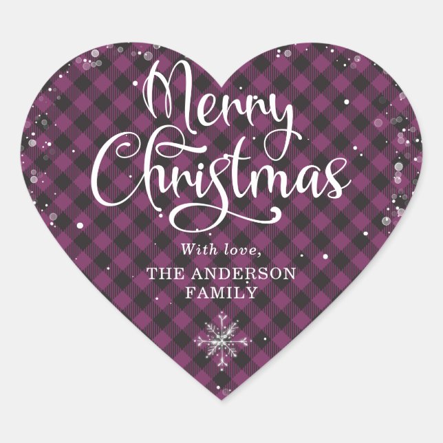Sticker Cœur Calligraphie violette Plaid Neige Joyeux Noël (Devant)