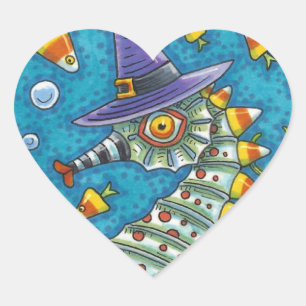 STICKER CŒUR CANDY CORN SEAHORSE WITCH, SOUS LA MER HALLOWEEN
