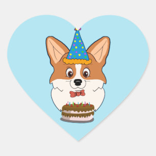 Sticker Cœur Caricature de Corgi gallois d'anniversaire
