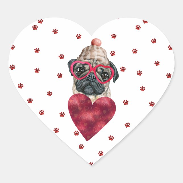 Sticker Cœur Carlin de coeur Pâtes rouges rose Chien Valentine' (Devant)