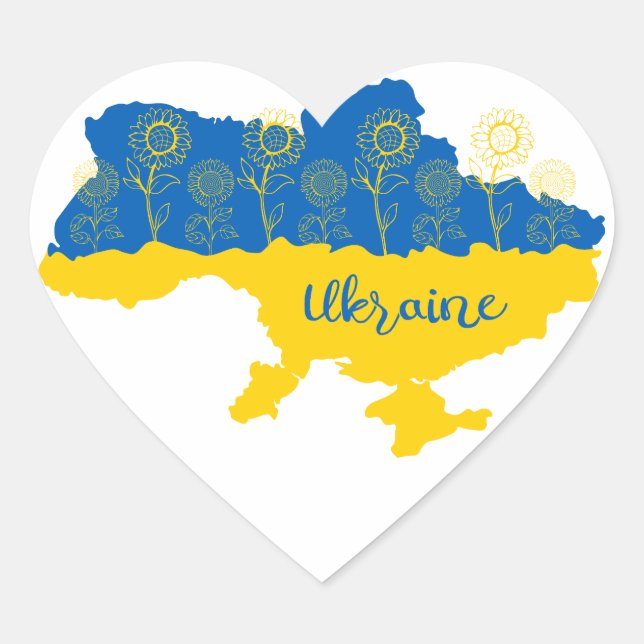 Sticker Cœur Carte de l'Ukraine avec tournesol et drapeau ukrai (Devant)