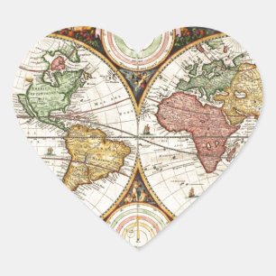Sticker Cœur Carte du monde vintage Deux hémisphères Art antiqu