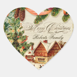Sticker Cœur Carte personnalisée Vintage Noël Patinage sur neig