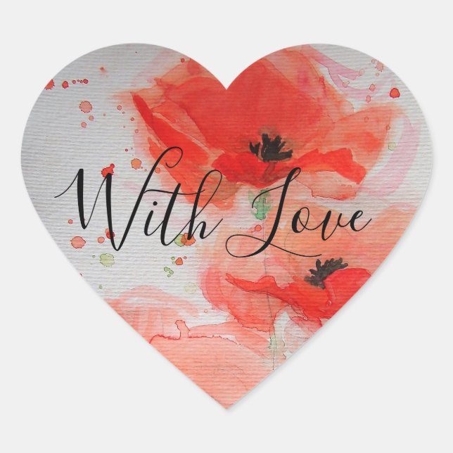 Sticker Cœur Carte plate d'anniversaire à aquarelle Coquelicots (Devant)