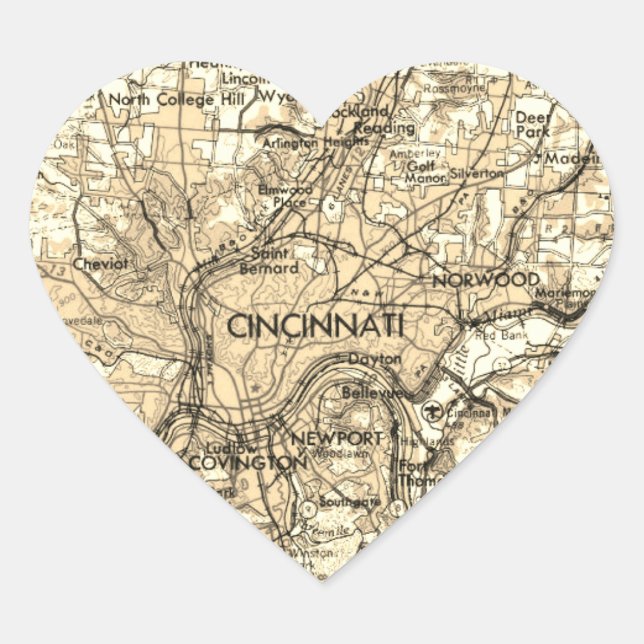 Sticker Cœur Carte Vintage de Cincinnati Ohio (Devant)
