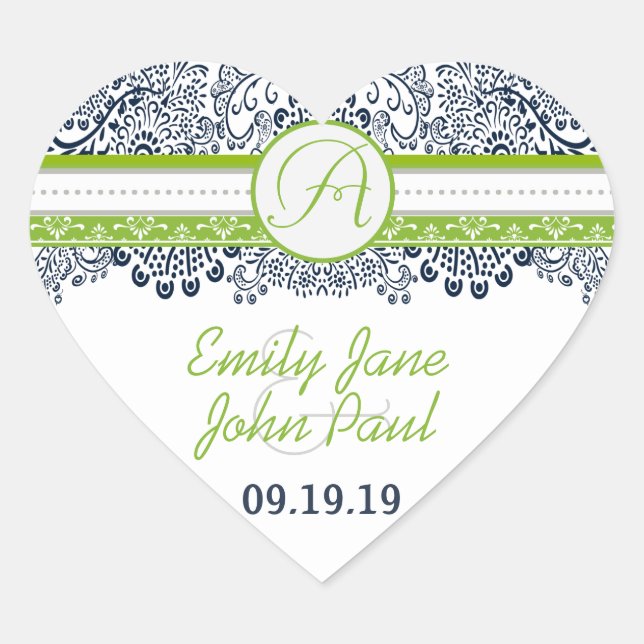 Sticker Cœur Cartes d'invitation de mariage Navy Apple Green Gr (Devant)