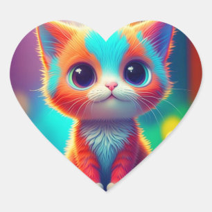 Sticker Cœur Carton de chaton couleur arc-en-ciel jolie