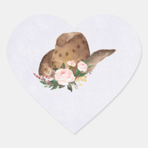 Sticker Cœur Casquette Brown Cowgirl avec fleurs roses