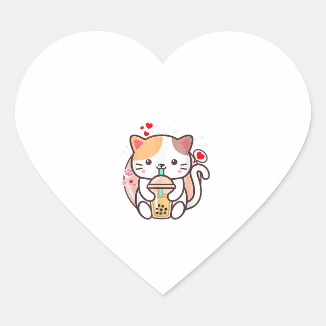 Sticker Cœur Cat Boba Tea Bubble Tea Kawaii Anime Japanese Neko (Devant)